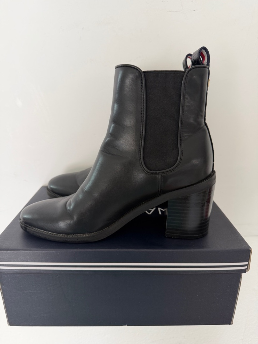 Tommy Hilfiger Black Leather Chelsea Booties with Block Heel